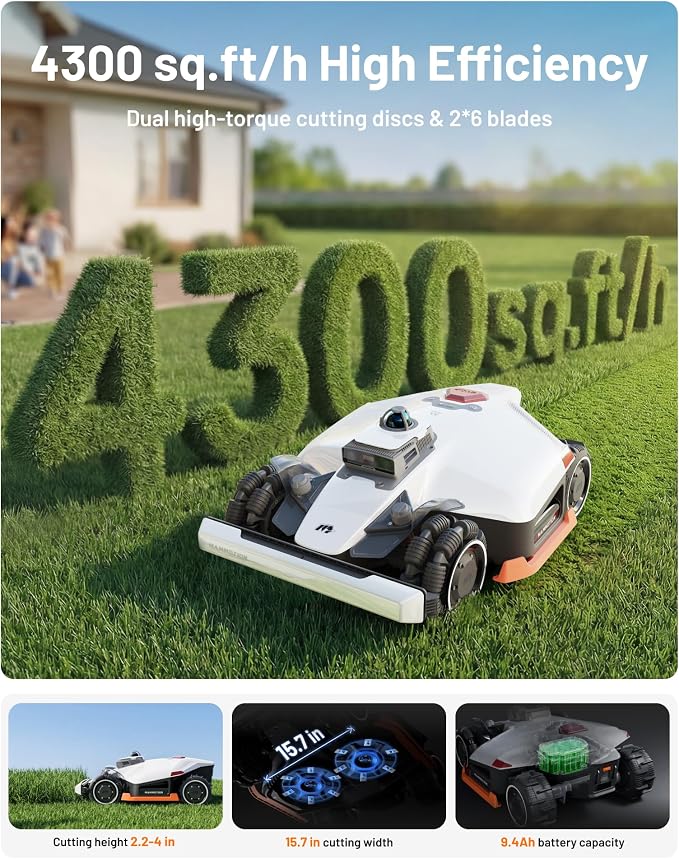 Mammotion LUBA 3 AWD 1500H Robot Lawn Mower for 0.37 Acre, 360° LiDAR+Dual-Camera AI Vision, All-Wheel-Drive for 80% Slopes, 15 Multi-Zone Management, Cutting Height 2.2"-4.0"