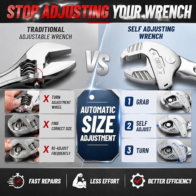 Self Adjusting Wrench, No Adjustment Needed Self Locking Spanner, Automatic Continuous Gripping Ratcheting Wrench for 5/8"-3/4" (16-19mm) Nuts, Bolts, Pipe Fittings, Home Repair & DIY Projects