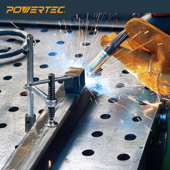 POWERTEC 2PK Welding Clamp with T-Handle – 8" Max Opening, 4" Throat Depth – Fits 5/8" (16mm) Welding Table Holes, Heavy-Duty Workbench Screw Clamp for Welding & Fabrication (72244-P2)