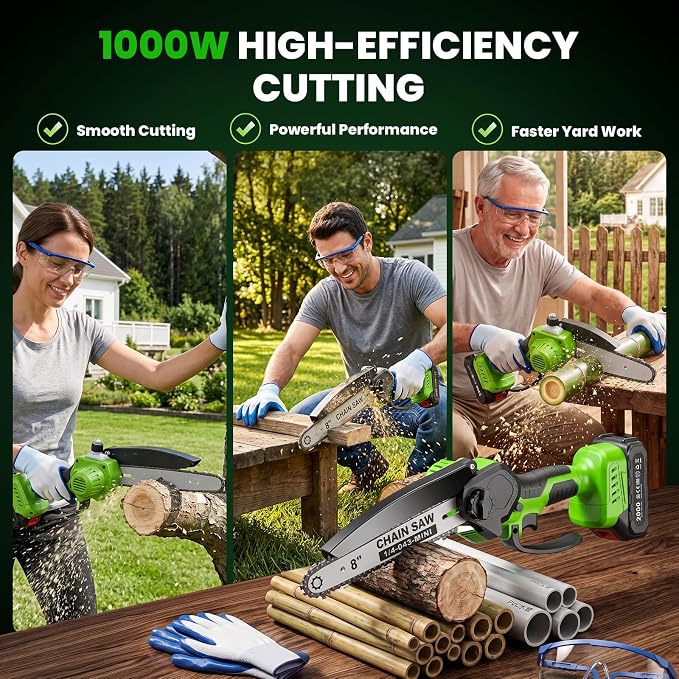 Mini Chainsaw Cordless, 8&6 IN Brushless Electric Chainsaw Battery Powered | 1000W Battery Powered Chainsaw with Auto Oiler & 2×2000mAh Batteries for Tree Branch Wood Cutting, Gift for Men Dad Husband