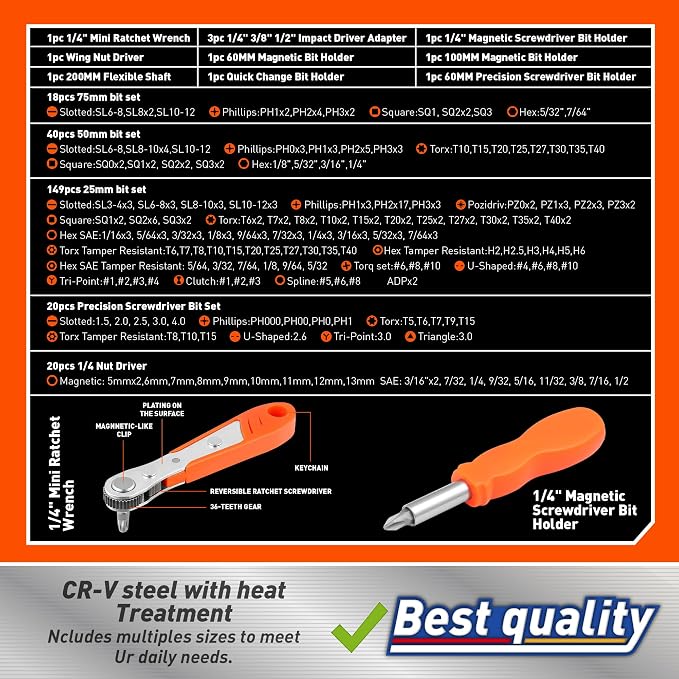 Amartisan 258-Piece Ultimate Screwdriver Bit Set,Chrome Vanadium Steel Driver Bit Set, Security bit set, Includes Bits Holder, Nut Driver, etc (Orange)