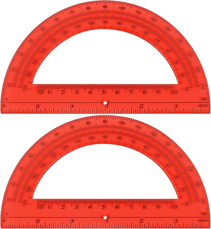 Unjoo Plastic Protractor Math Protractors 180 Degrees for Geometry Classroom Student School Office Supplies, 6 Inch, Pack of 2 (Red)