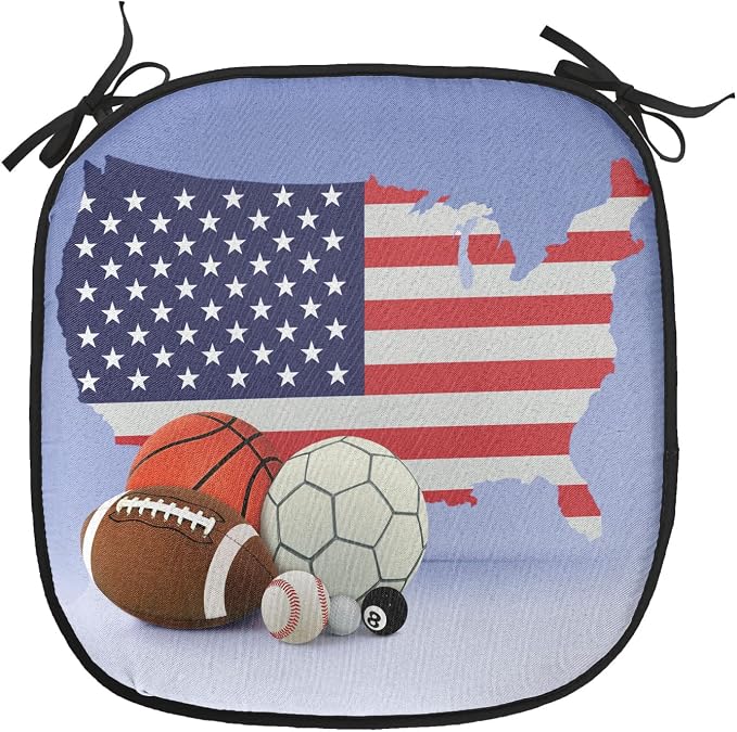 Lunarable Americana Chair Cushion Pad, American Map and Sport Balls Basketball Football Competition Matches, Seat Padding for Kitchen & Patio with Anti-Slip Backing, 16"x16", Purple Grey Multicolor