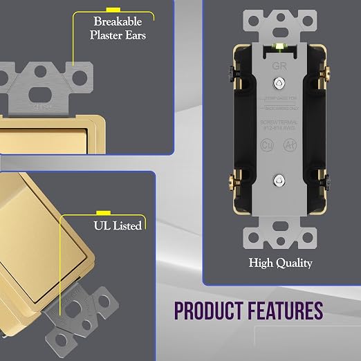 ENERLITES 4-Way Decorator Light Switch, Four Way Paddle Rocker Switch, Gloss Finish, Ground Wire Lead Attached, Residential/Commercial Grade, 15A 120V/277V, UL Listed, 94150-GD2P, Gold (2 Pack)