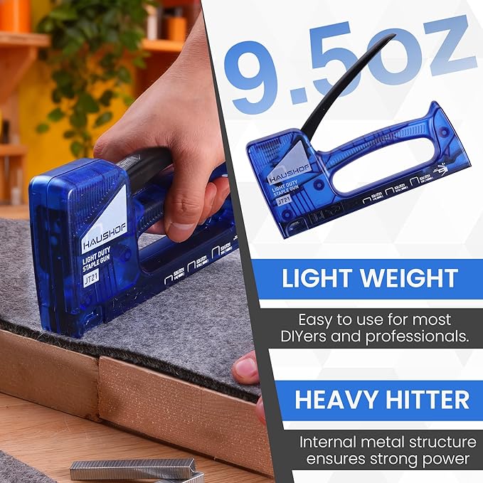 HAUSHOF Light Duty Staple Gun, Upholstery Staple Gun with 800PCS JT21 Staples and Stapler Remover, Fits JT21 Staple of 1/4'', 5/16'' & 3/8'', Used for Wood, Classroom, Crafts, DIY (Blue Transparent)