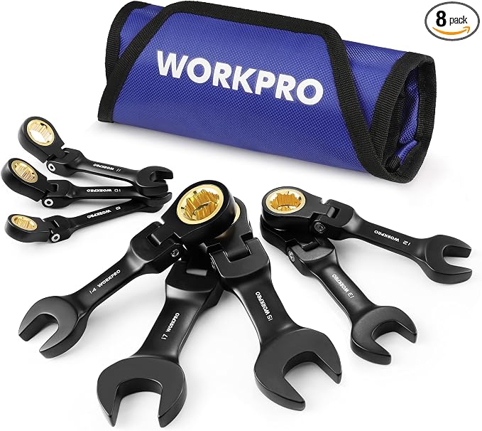 WORKPRO 8-Piece Stubby Flex-Head Ratcheting Wrench Set, Metric 8-17mm | Anti-slip, 72-Teeth, CRV, Black Electrophoretic Coating, for Mechanics, DIYers and Home Repairs, Includes Rolling Pouch