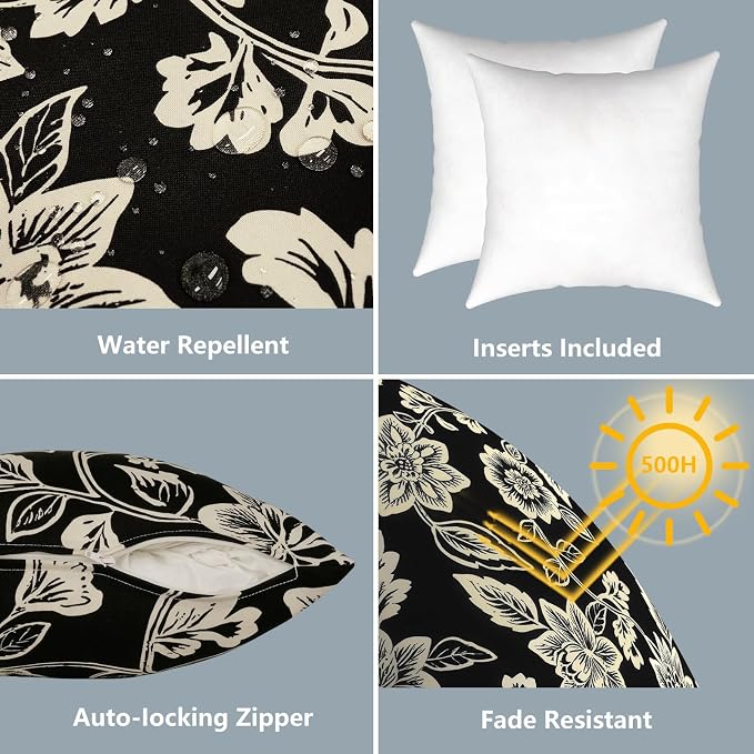 LVTXIII Outdoor Throw Pillows 16x16 Inch, Set of 2 Square Decorative Pillows with Inserts for Patio Furniture, Porch Chair, Garden Sofa, Elegant Vines Black