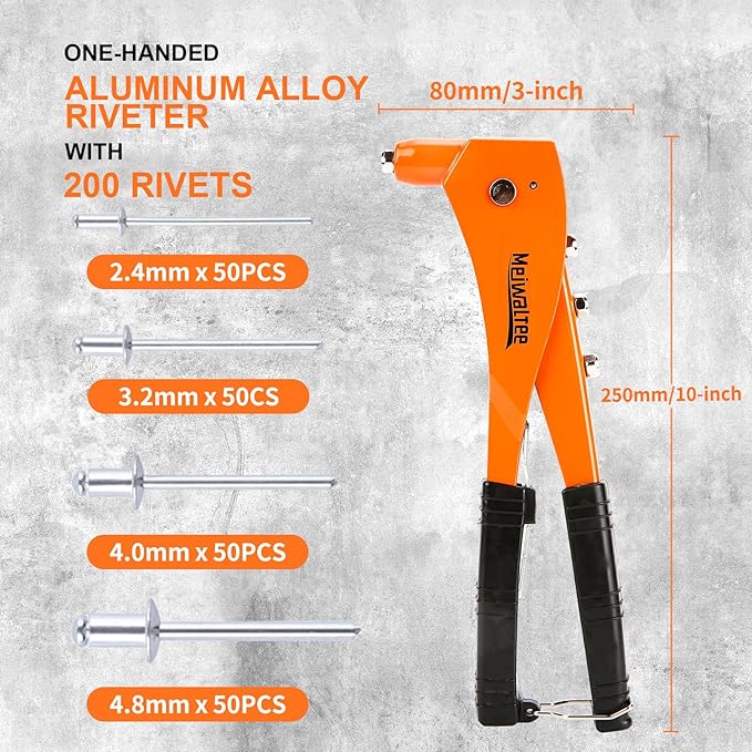 Rivet Gun with 200PCS Rivets and 4 Drill Bits, Professional Aluminum Alloy Riveter, Heavy Duty Pop Manual Riveting Tool with 4 Interchangeable Heads for Metal, Wood and Plastic