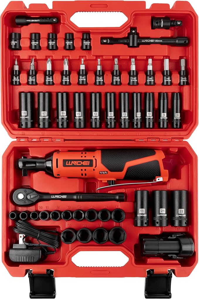 LLNDEI 3/8" Cordless Electric Ratchet Wrench Set 52Pcs | 40FT-LBS Torque, Variable Speed, LED Light, Includes Sockets & Adapters, Ideal for Automotive Repair, DIY Garage