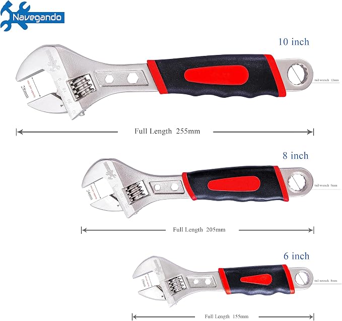Navegando 3-Piece Adjustable Wrench Set, 6 8 10 Inch, High Carbon Steel | Adjustable Wrenches with Non-Slip Grip, Rust Resistant, Ideal for Plumbing, Automotive & Home DIY Repair
