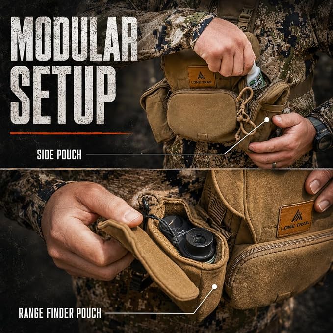Extra Storage Bino Harness - Binocular Chest Pack, Hunting Rig | Waterproof 500D Cordura, StealthStalk quiet fabric, rangefinder pouch, silent magnetic closure