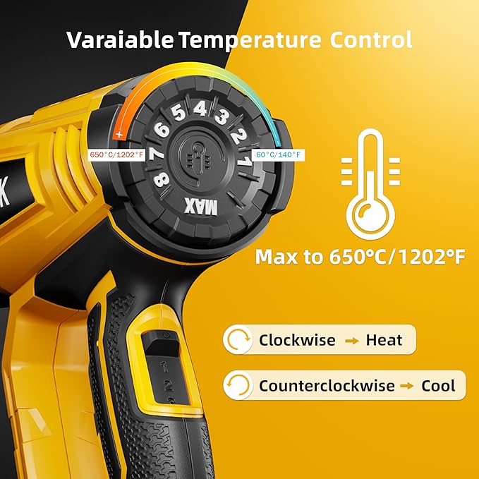 VTEK Heat Gun 1800W Hot Air Gun140℉-1202℉ Fast Heating Variable Temperature Control with 4 Nozzles for Shrinking PVC,Stripping Paint,Vinyl Wrap