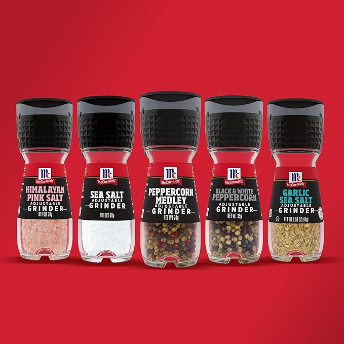 McCormick Grinder Essentials Variety Pack, Non GMO, Varieties Include Black Peppercorn, Himalayan Pink Salt, Peppercorn Medley & Sea Salt, 6.47 oz
