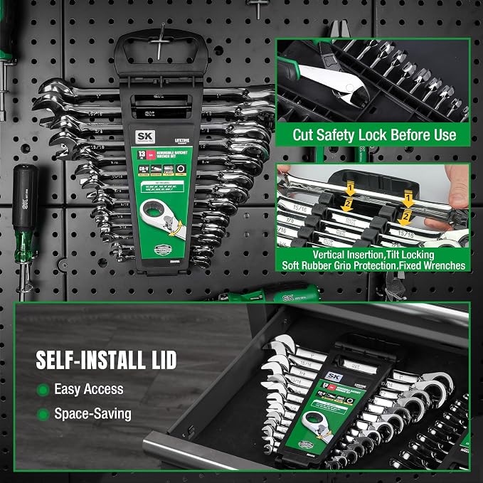 SK Reversible Ratcheting Combination Wrench Set, 13-Piece, SAE 1/4" to 1" | Ratchet Wrenches Set 72-Tooth, Chamfered Head Design, Premium CR-V Steel, with Rack Organizer