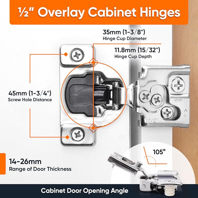 Decobasics 6 Pack Soft Close Cabinet Hinges – 1/2" Overlay for Kitchen Cabinet Doors, Slow Self-Closing Concealed Hidden Hinges for Face Frame –Stainless Steel, 3-Way Adjustable & Quiet Close Damper