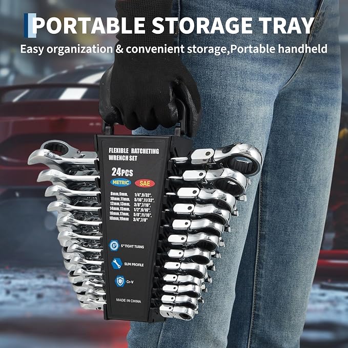 Garvee 24 Piece Ratcheting Combination SAE & Metric Wrench Set | Metric 8-19mm & SAE 1/4"-7/8" Arc CR-V Steel 72-Tooth 5° Swing | for Automotive Repair Home Maintenance