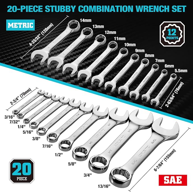 DURATECH 52-Piece Combination Wrench Set, Regular & Stubby, SAE & Metric | 32 PCS Combo Wrenches(5/32"-7/8"&4mm-20mm) & 20 PCS Stubby Wrenches(3/16"-13/16"&5.5mm-14mm), CR-V Steel, with Rolling Pouch