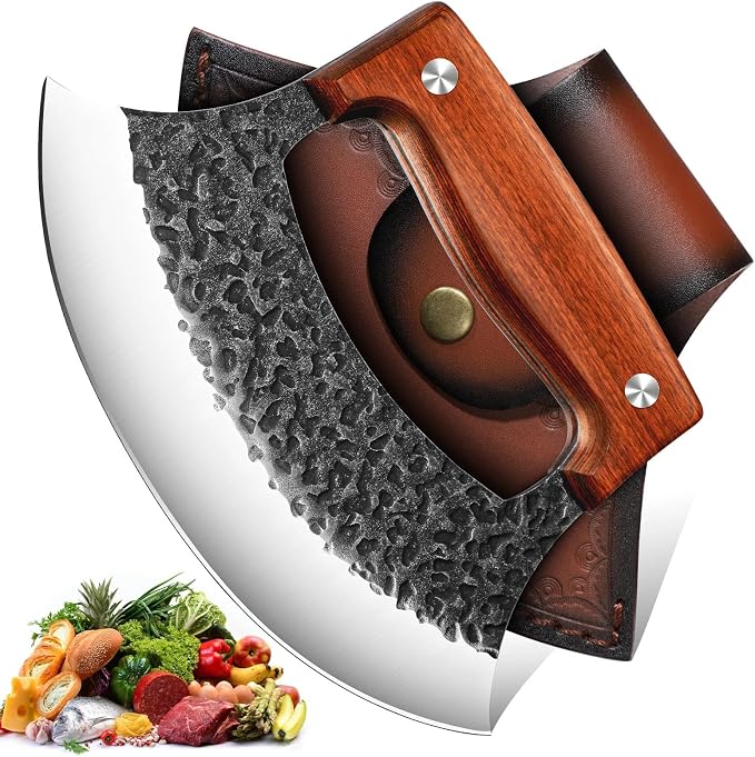 TIVOLI Hand-Forged Ulu Knife – Full Tang High Carbon Steel, Japanese-Inspired with Sheath & Gift Box, Mezzaluna Rocker Knife & Pizza Cutter for Kitchen, Camping&BBQ - Gifts for Men and Women