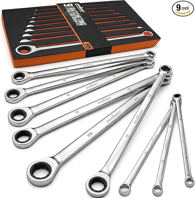 HORUSDY Extra Long Ratcheting Wrench Set, 8-22MM Double Box End, 9-Piece Metric CR-V Steel, with EVA Foam Tool Organizer