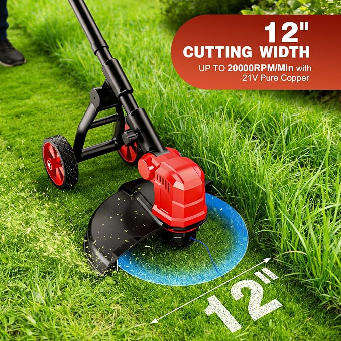 6000mAh Cordless Electric Weed Wacker, 12" Brushless Cordless String Trimmer, 4 in 1 Weed Eater/Brush Cutter/Weed Trimmer with 2*Batteries Powered & Auxiliary Wheels, Grass Trimmer (Red A)