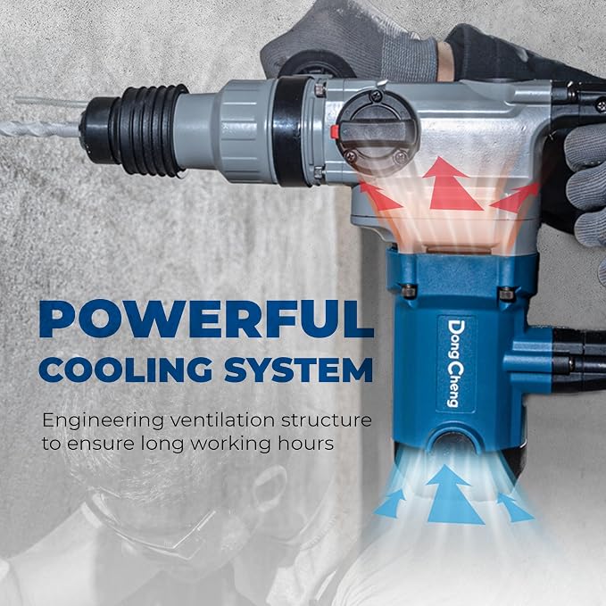 DongCheng 1-1/8 Inch SDS-Plus Rotary Hammer with 9.2A Motor, 3.6J Impact Energy, 5,000 BPM for Concrete & Demolition, Includes 3 Drill Bits, 2 Chisels, Case (Safety Clutch, 110V)