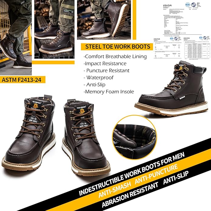 KELODON Waterproof Steel Toe Boots For Men-6" Leather Moc Toe Work Boots Mens Steel Toe Shoes Indestructible Non Slip Resistant Construction Safety Boot