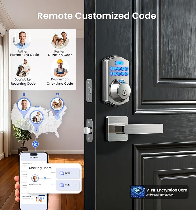 Veise VE012W-L WiFi Fingerprint Deadbolt Lock with Handle Set, Satin Nickel | Built-in WiFi, APP Remote & Voice Control, Real-time Alert, Smart Keyless Entry for Front Door, Back-Lit Keypad, Auto Lock