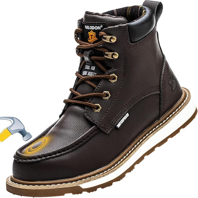 KELODON Waterproof Steel Toe Boots For Men-6" Leather Moc Toe Work Boots Mens Steel Toe Shoes Indestructible Non Slip Resistant Construction Safety Boot