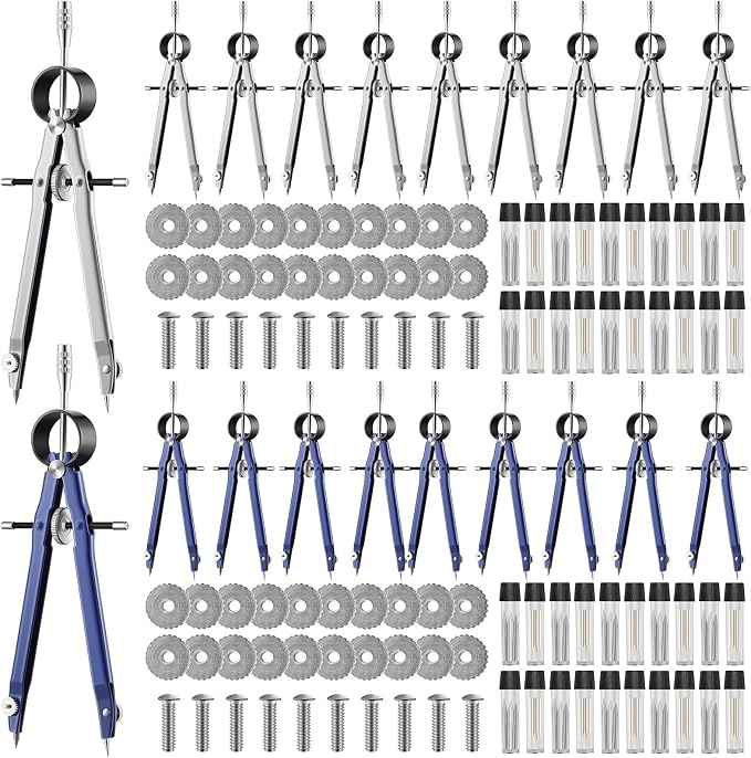 Professional Compass for Geometry, Metal Drawing Compass Drafting Tool with Extra Refills for Office Drafting Drawing Woodworking, Silver, Blue(20 Pieces)