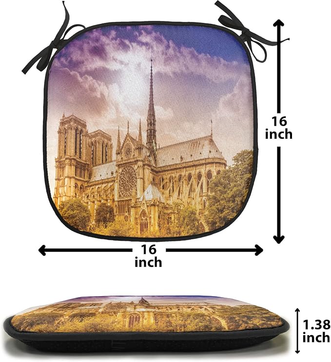 Lunarable Paris Chair Cushion Pads Set 12, Notre Dame Paris Parisian Gothic Trees Forest Sun Cloudy Sky, Anti-Slip Seat Padding for Kitchen & Patio, 16"x16", Yellow Pink Violet Blue