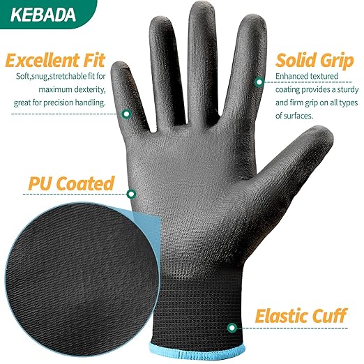 Kebada Safety Work Gloves,240 Pairs Bulk Pack, PU Coated, Ideal for Warehouse, Construction, Gardening and Mechanics, Black, Small