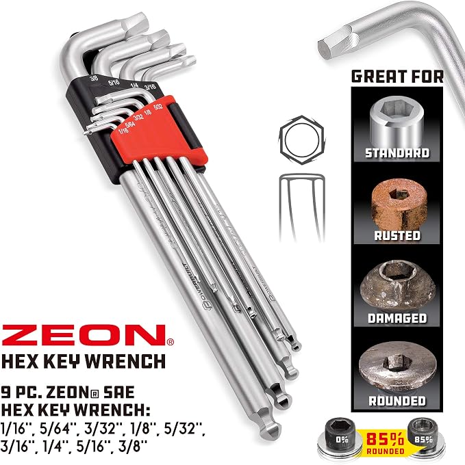 Powerbuilt 9 Piece SAE Hex Key Wrench Set for Damaged Fasteners, Standard, Grip Rusted, Rounded Bolts, Long End - Zeon Series 240096