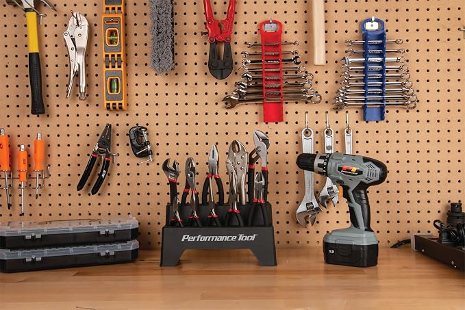 Performance Tool W1705 Pliers Set with Rack (10 Pieces) - Double Dipped Grip Handles, Heat-Treated Alloy Steel, Free Standing or Pegboard Hanging, Machined Jaws, Induction Hardened Cutting Edges