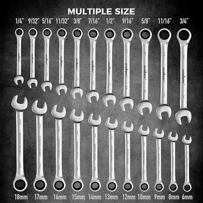 HORUSDY 48-Piece Ratcheting Wrench Set, Metric 6-18mm & SAE 1/4-3/4", Cr-V Steel 72 Teeth Ratchet Wrench with Roll Up Pouch and Hex Keys