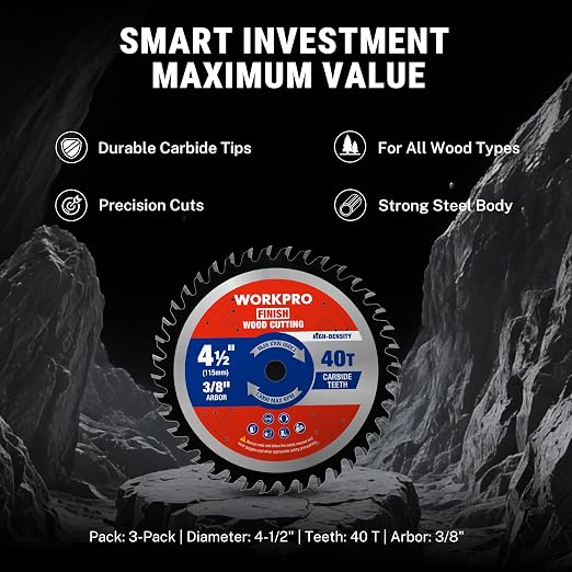 WORKPRO 4-1/2 Inch Woodworking Circular Saw Blade, 40T General Purpose Wood Cutting, Thin Kerf, Carbide Tipped, ATB Tooth, 3-Pack