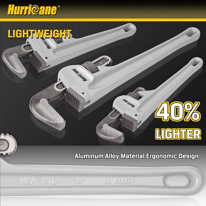 HURRICANE 3-Piece Aluminum Pipe Wrench Set (10", 14", 18"). Lightweight & Reliable Plumbing Wrench Kit for Home Maintenance and DIY Projects