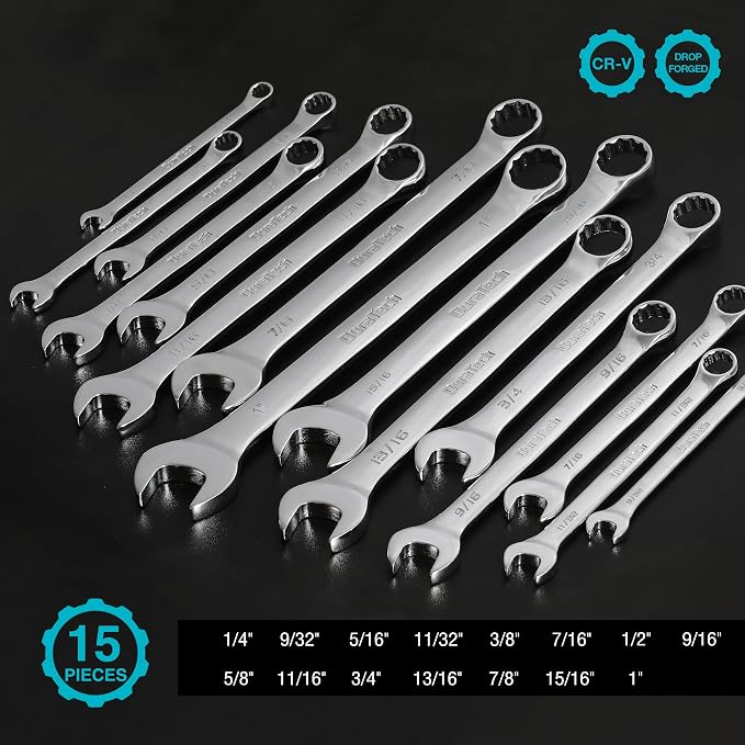 DURATECH Combination Wrench Set, SAE, 15-Piece, 1/4" to 1" | 12-Point, CR-V Steel, Rolling Pouch