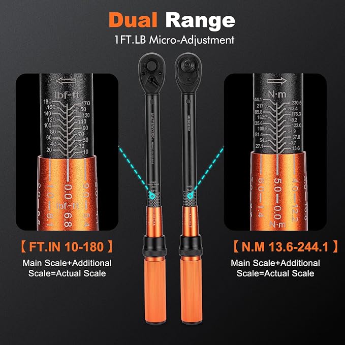 1/2-Inch Drive Torque Wrench Set 22PCS, 10-180FT.LB/13.6-244.1Nm, Click Torque Wrench Socket Set, 72-Tooth Dual-direction, ±3% Precision Adjustable Torque Wrench for Lug Nut, Bicycle, Moto, Car