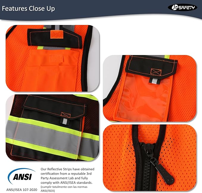 JKSafety Hi Vis Reflective Safety Vests for Men Women High Visibility Vest with Pockets Mesh Fabric Construction Safety Apparel Neon Vest for Work (220-OBlack 4XL)