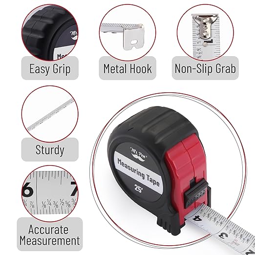 Mr. Pen- Retractable Tape Measure 25 ft, Red, Easy Read, Steel Retractable Measuring Tape with Fractions, Ideal for Construction & DIY Projects