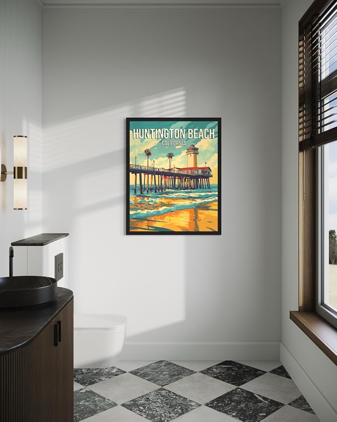Huntington Beach California Unframed Wall Art Print Poster, US Vintage Retro Beach Scenery Posters Prints for Restroom Home Picture Painting Artwork Gallery 219 (Huntington Beach California, 20"L x 16"W, Unframed)