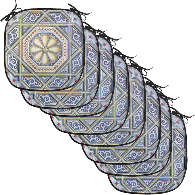 Lunarable Moroccan Chair Cushion Pads Set of 8, Image of a Carving Art Flower Doorway Entrance Geometric, Anti-Slip Seat Padding for Kitchen & Patio, 16"x16", Blue Pale Yellow Redwood