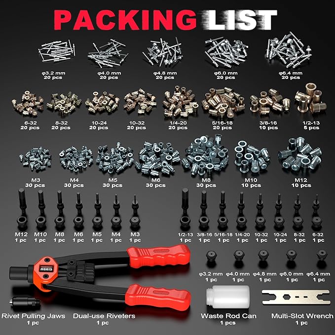 Dual-Function Rivet Nut Tool Rivet Gun Kit Including 405 pcs Rivet Nuts Blind Rivets 15 Mandrels 5 Rivet Nozzles, Multi-Purpose