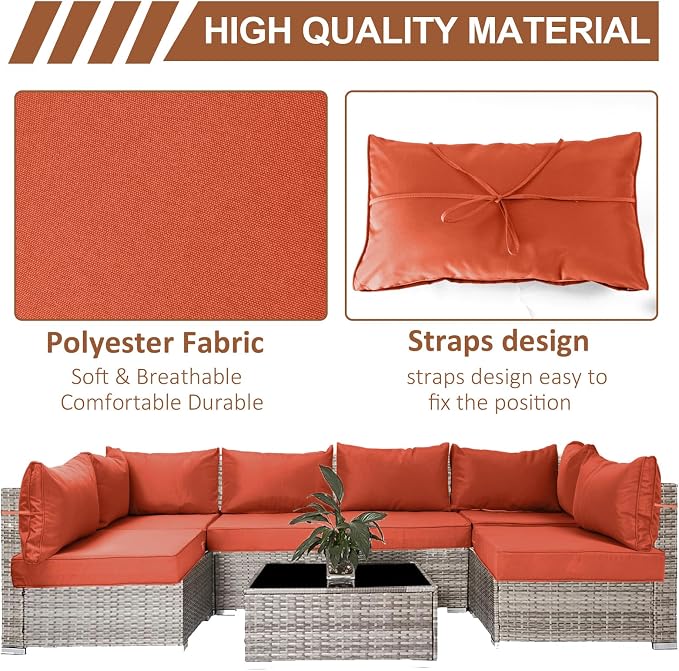 14 Piece Outdoor Patio Cushion Covers Replacement, Waterproof Outdoor Furniture Cushion Covers, Fit 7 Pcs 6 Seater Wicker Rattan Conversation Sofa Set,Brick Red(Only Cover) 25.6x25.6
