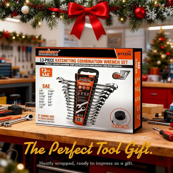 HORUSDY 13-Piece Sturdy Ratcheting Wrench Set | SAE 1/4''–7/8'' | Max Torque Ratchet Combination Wrenches Set with Storage Rack | 72-Tooth | Chrome Vanadium Steel