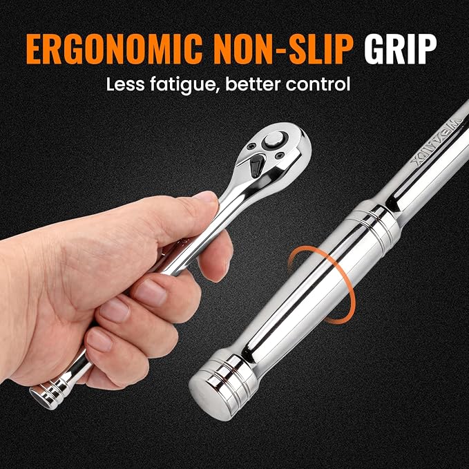 3/8“ 1/4“ 1/2“ Drive 90-Tooth Ratchet Wrench Set with Extension Bar | Socket Wrench, Reversible Design, Quick-Release, Cr-Mo Head, Cr-V Made, 4° Swing Arc, Full Polished