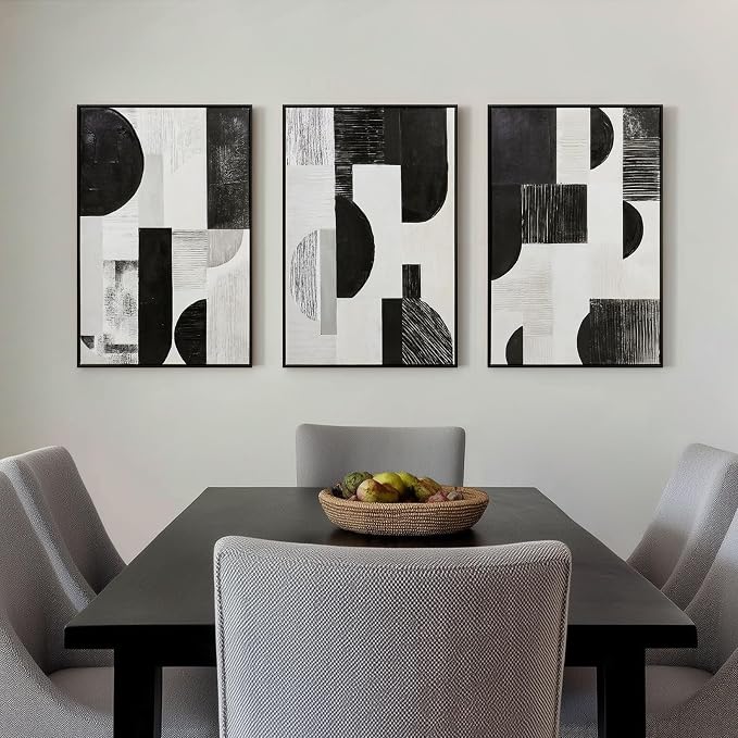 Zessonic Abstract Black White and Grey Wall Art Framed Geometry Canvas Print Modern Contemporary Edgy Block Artwork for Living Room, Bedroom, Office Decor - Set of 3, 16x24 Inch (Ready to Hang)