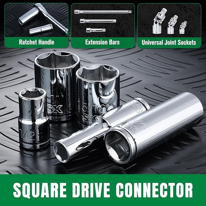 SK 1/2" Drive Socket Set, Deep SAE Sockets, 11-Piece 7/16" to 1-1/16" | SuperKrome Finish, Premium CR-V Steel, with Aluminum Socket Organizer