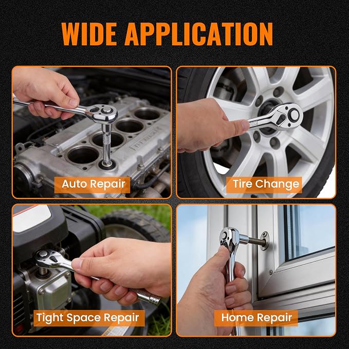 3/8“ 1/4“ 1/2“ Drive 90-Tooth Ratchet Wrench Set with Extension Bar | Socket Wrench, Reversible Design, Quick-Release, Cr-Mo Head, Cr-V Made, 4° Swing Arc, Full Polished