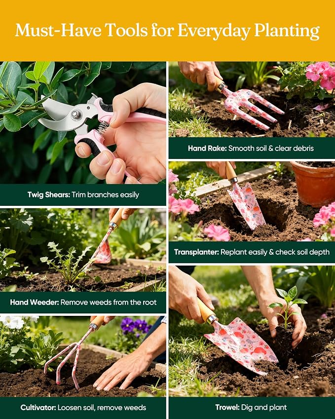 Grenebo 12-Piece Womens Gardening Tools Gift Set, Rust-Proof & Heavy-Duty Garden Tools with Durable Carrying Case, Fashionable & Thoughtful Gardening Gifts for Women&Men (Pink)
